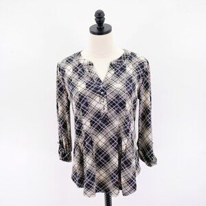 Sami & Jo Small Black Tan Cream Plaid Split V-Neck Rolled Tab Top Blouse Small